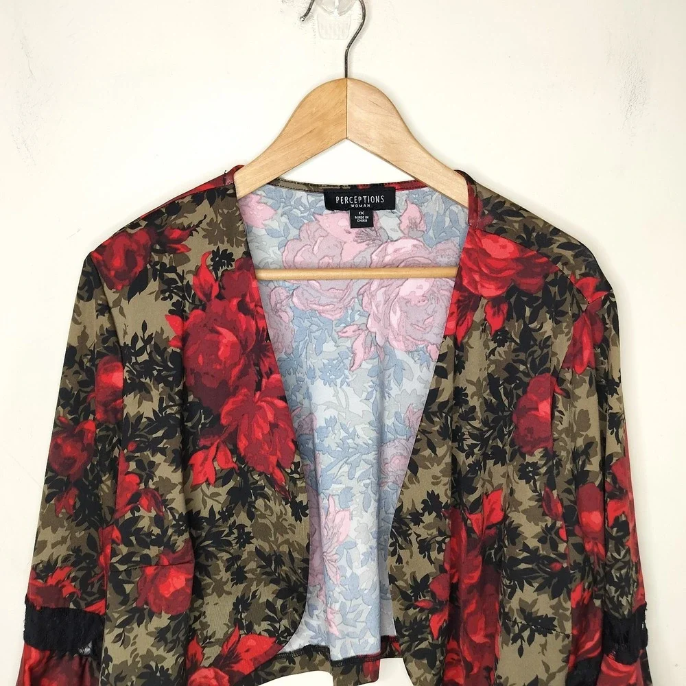 Perceptions Floral Jacket Cardigan Topper Flare Sleeve Lace Inset - Picture 2 of 8